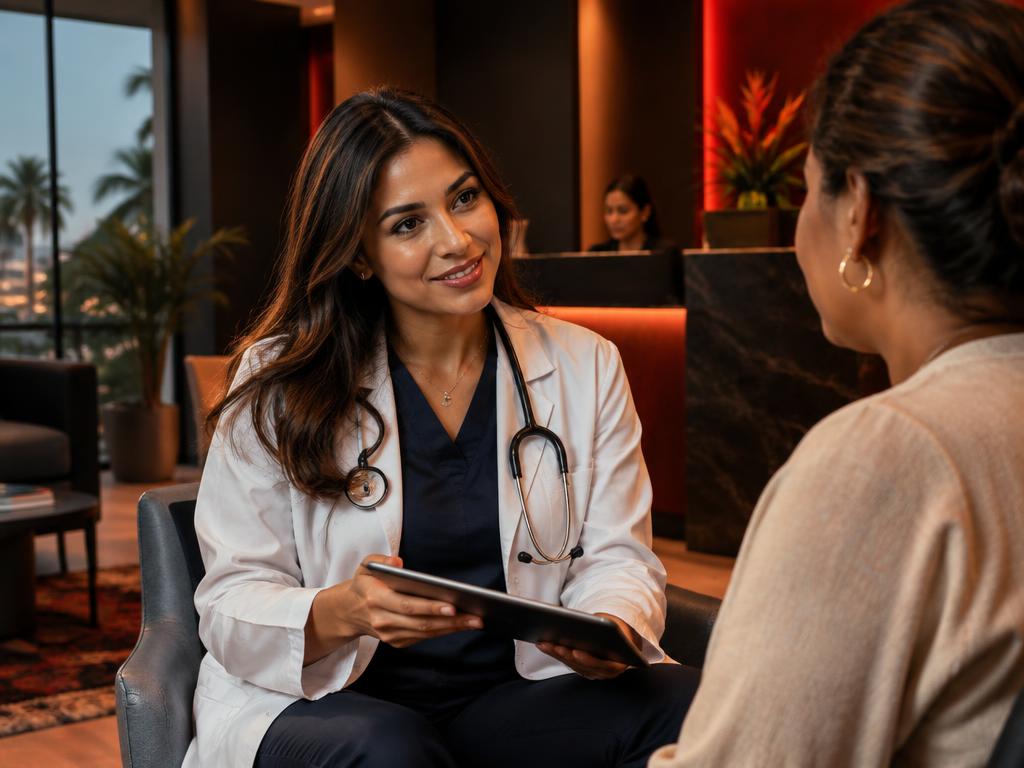 Doctora atendiendo a una paciente en una clínica moderna